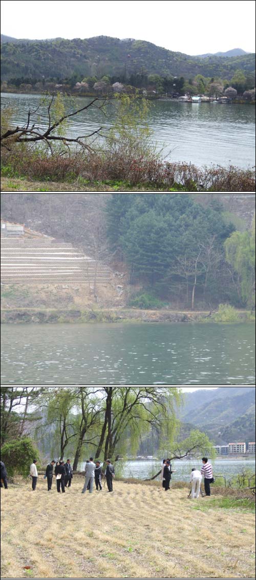 1.매립장에서 바라본 남이섬 2.남이섬에서 바라본 매립장. 3.굴착을 위해 모인 주민과 취재진들. 